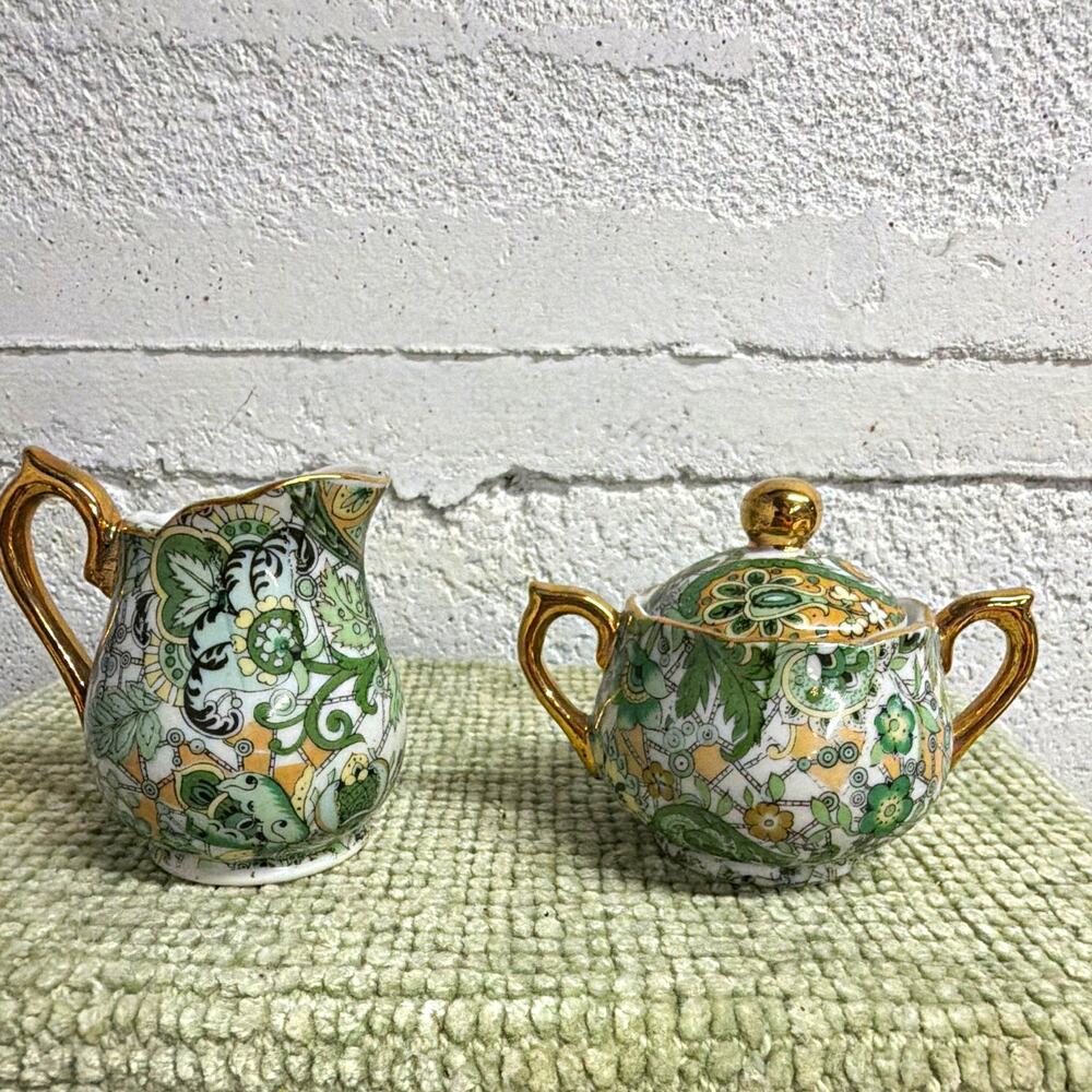 Enesco Vtg Porcelain Floral Green & Gold Creamer Sugar Bowl w Lid Set